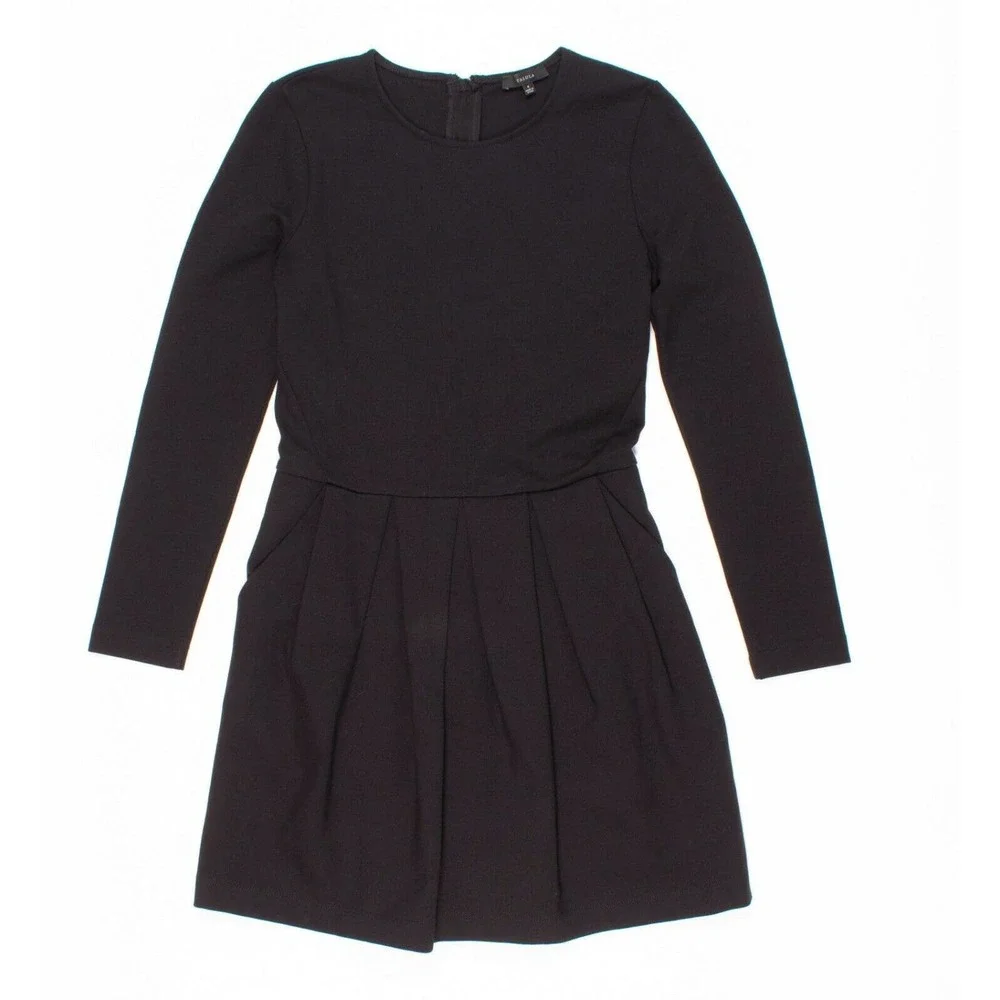 Talula Aritzia Tartine Black Ponte Fit Flare Pleated Long Sleeve Dress